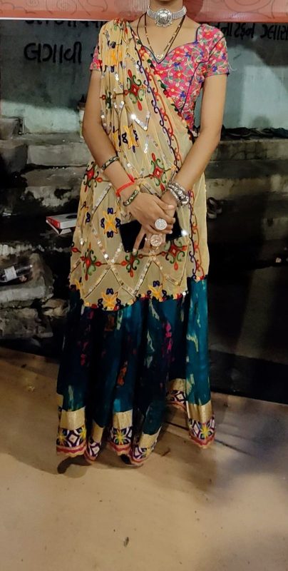 Georgette rama color lehenga with hand work flower blouse & full mirror work dup