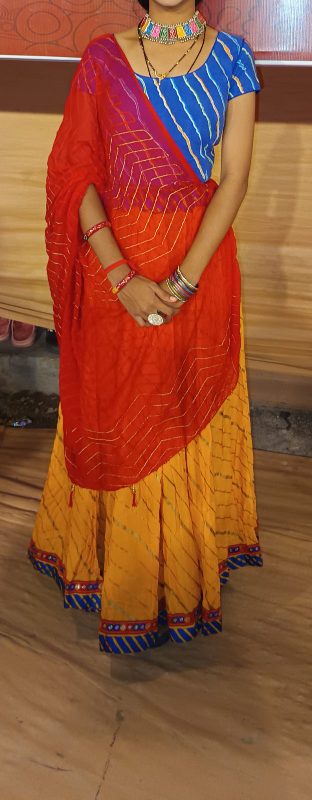 Mirror work lace lehenge with red duppata & blue blouse
