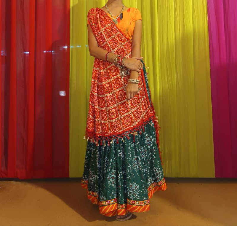 Rama color mirror work lace lehenge with bandhni red dupatta & yellow blouse
