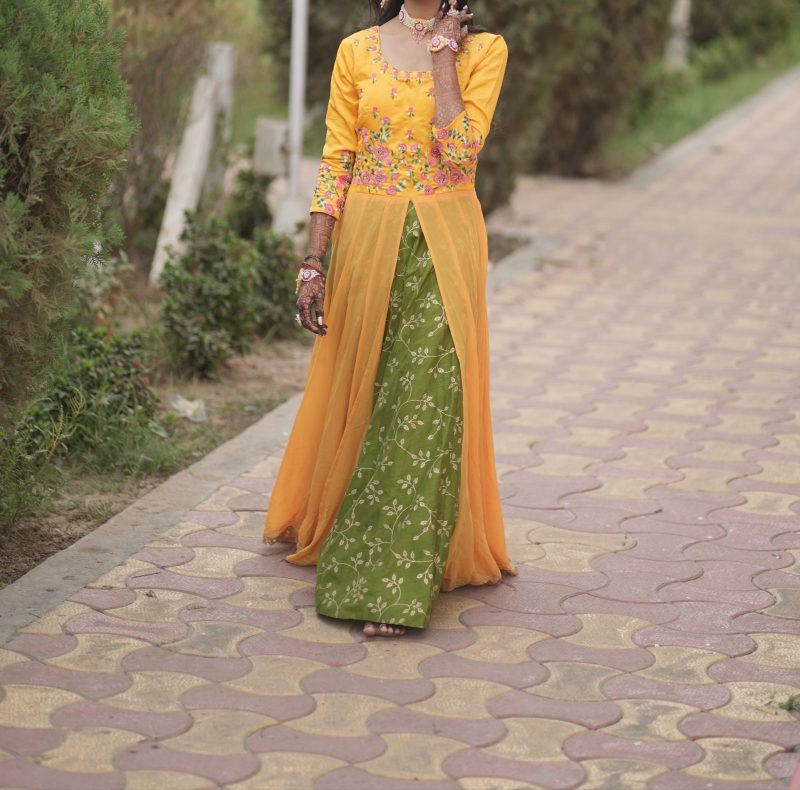 Yellow indo western with hand work flower print