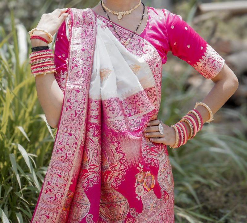 Semi Silk white & pink saree with solid border blouse