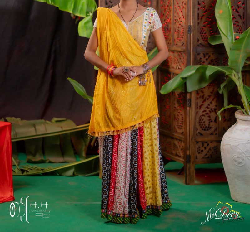 Multi color lehenga with yellow dupatta g white blouse