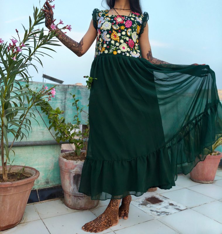 Mehndi green outfit with flowering print